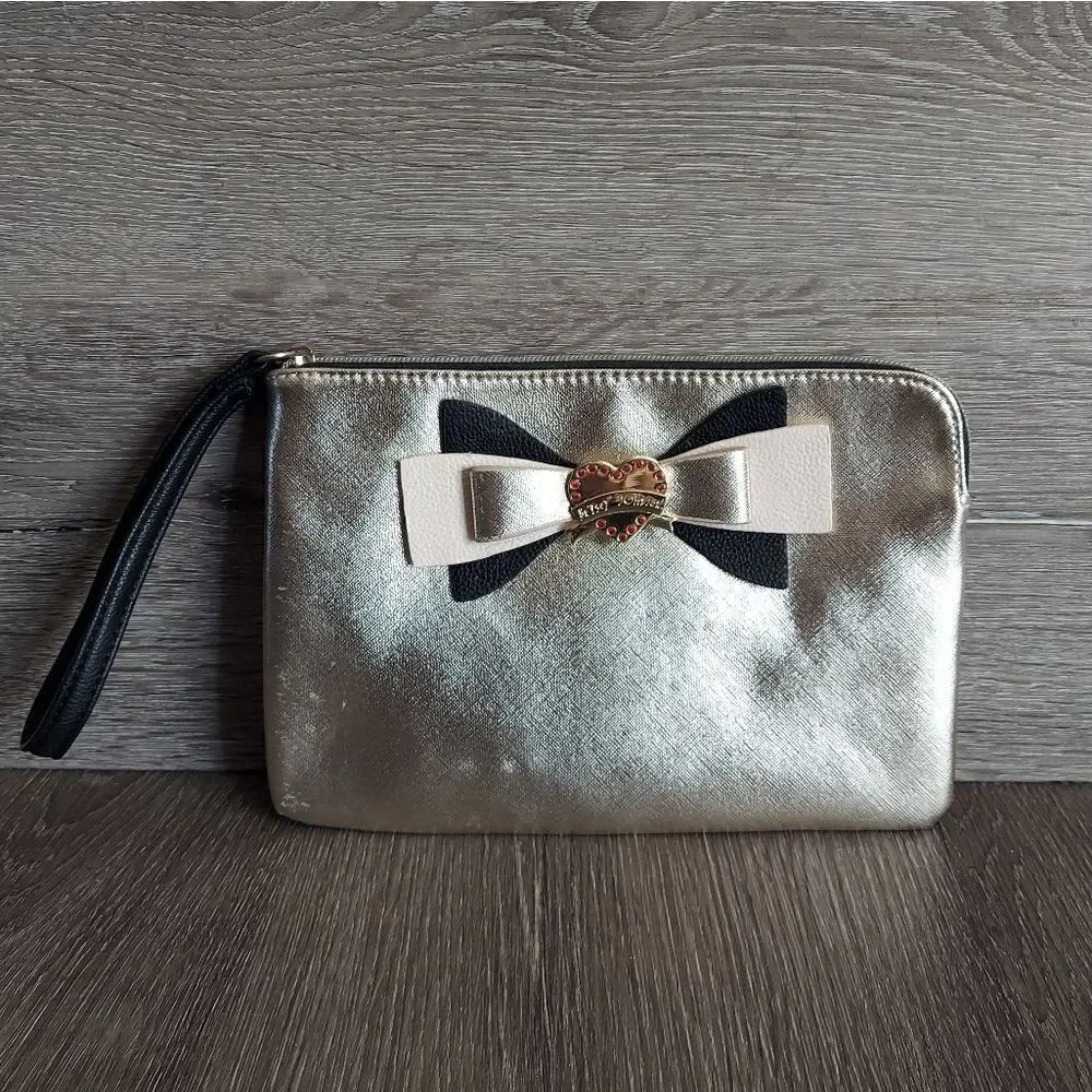 NEW BETSEY JOHNSON Saffiano Metallic Wristlet Bag Pouch Gold